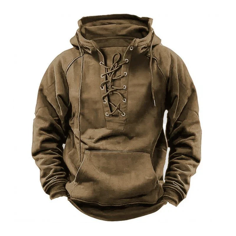 Men's Casual Outdoor Solid Color Lace-up Kangaroo Pocket Long Sleeve Hoodie