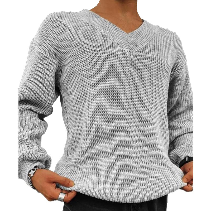 Men's Vintage Solid Color V Neck Long Sleeve Knitted Sweater