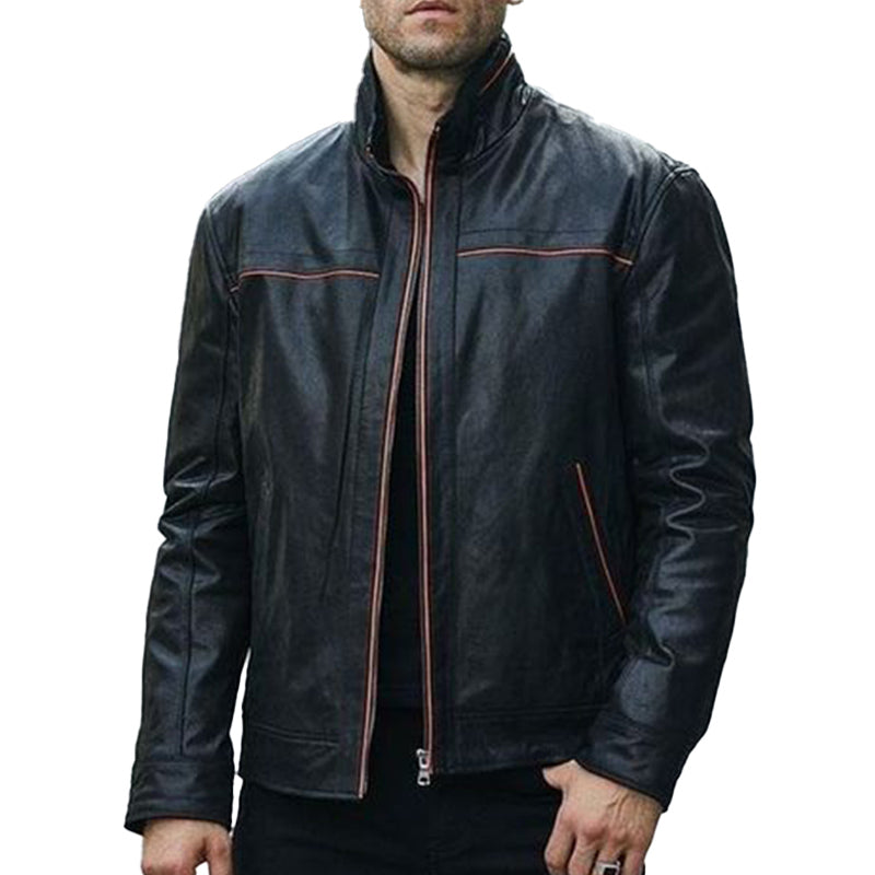 Men's Patchwork Contrasting Line Leather Jacket