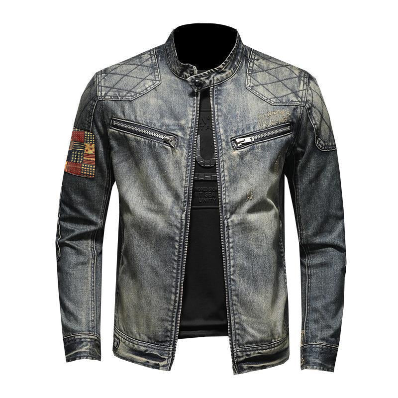 Men's Vintage Stand Collar Zippered Motorcycle Denim Jacket