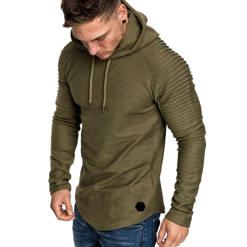 Men's Crew Neck Slim Fit Solid Color Striped Pleated Hoodie