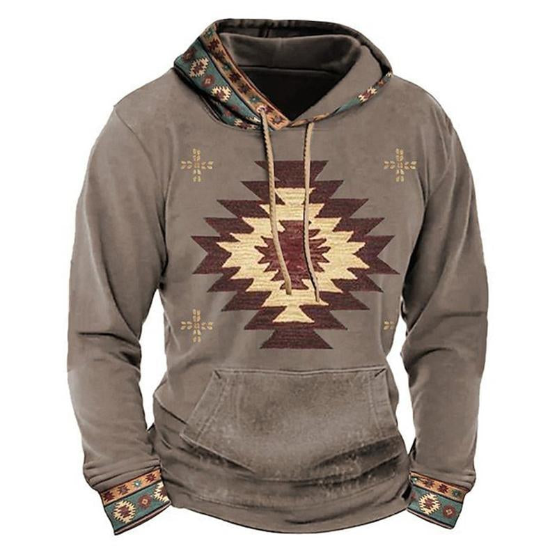 Men's Retro Ethnic Print Hooded Long Sleeve Sweatshirt