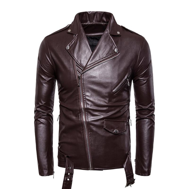 Men's Vintage Biker Slim Lapel Diagonal Zipper Leather Jacket