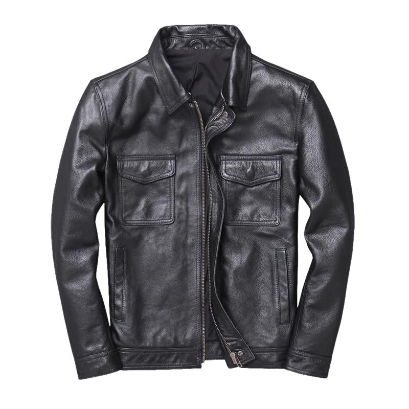 Men's Vintage Solid Lapel Leather Biker Jacket