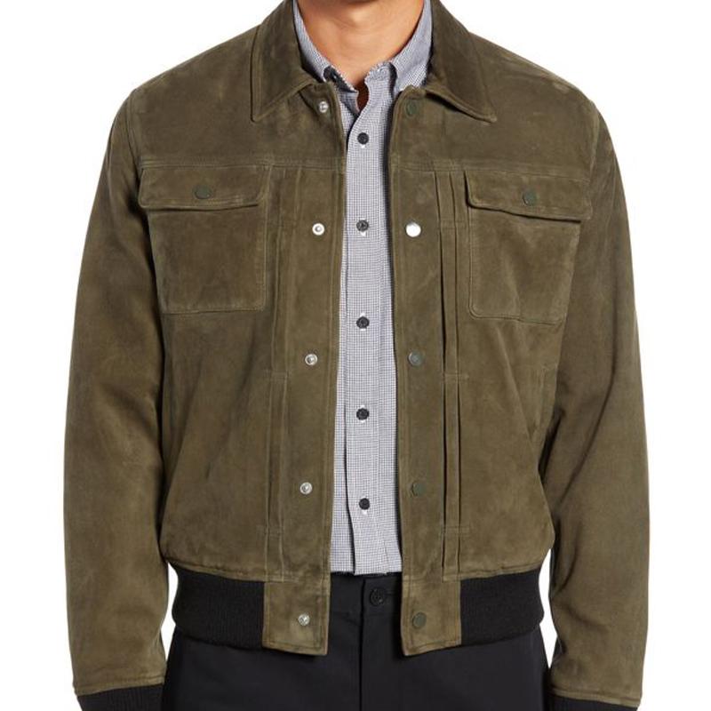 Men's Army Green Suede Button Jacket