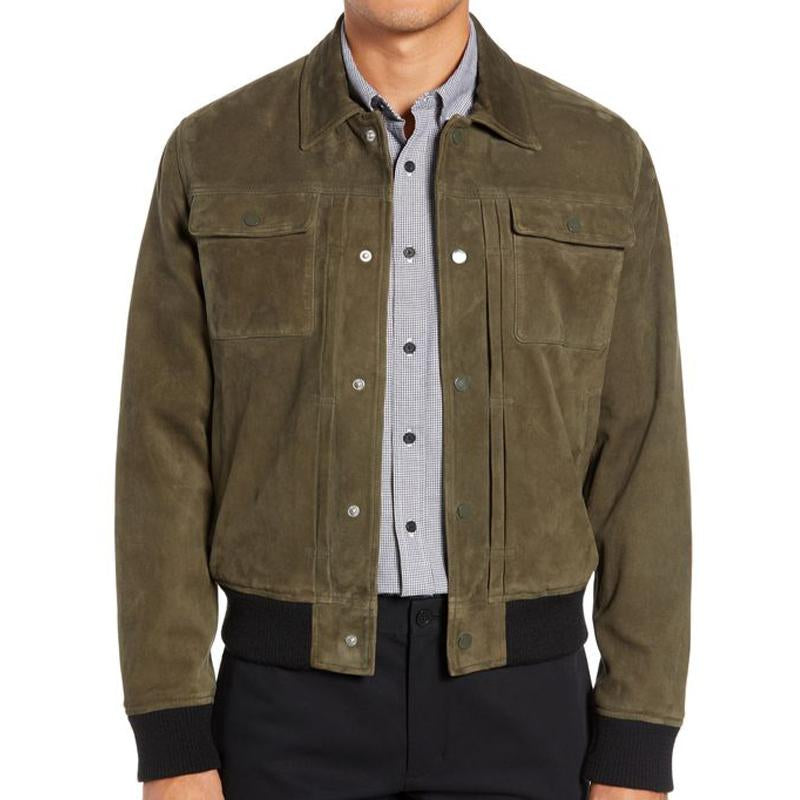 Men's Army Green Suede Button Jacket