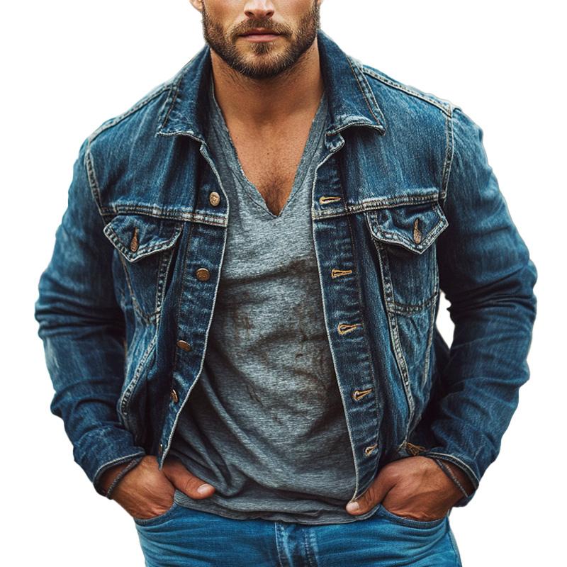 Men's Vintage Washed Denim Lapel Jacket