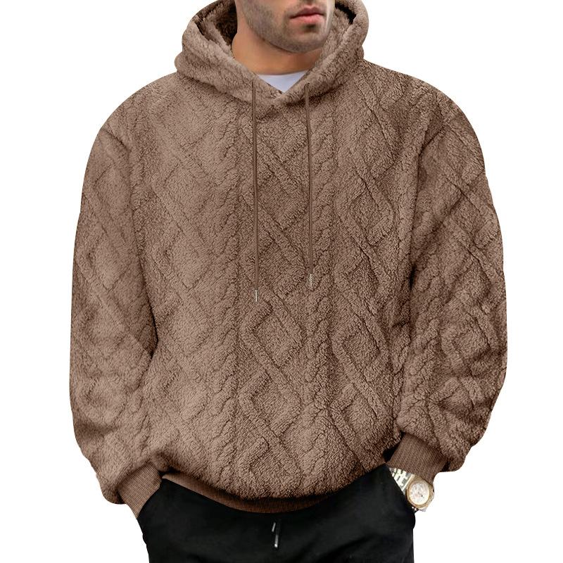 Men's Solid Color Jacquard Plush Warm Hooded Sweatshirt