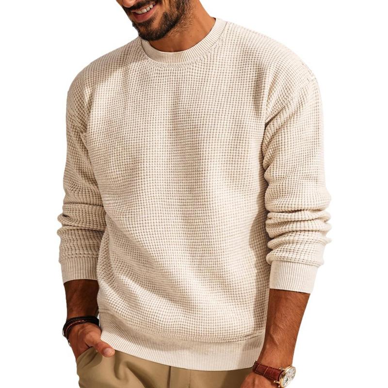 Men's Solid Color Crew Neck Pullover Waffle Knit Sweater