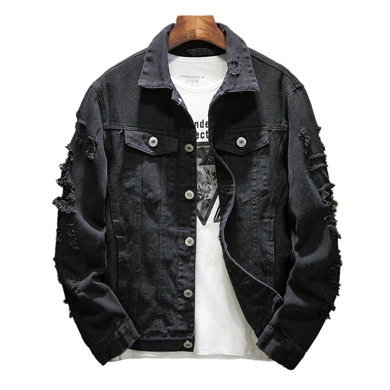 Men's Fashion Solid Color Ripped Loose Lapel Single Breasted Denim Jacket