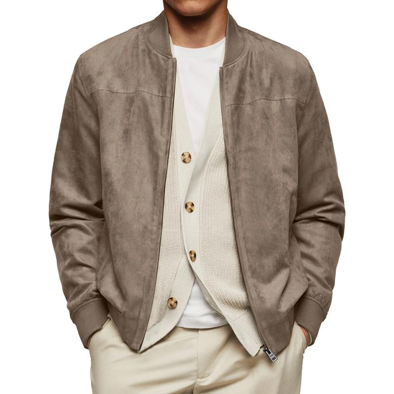 Men's Solid Suede Zipper Crew Neck Jacket