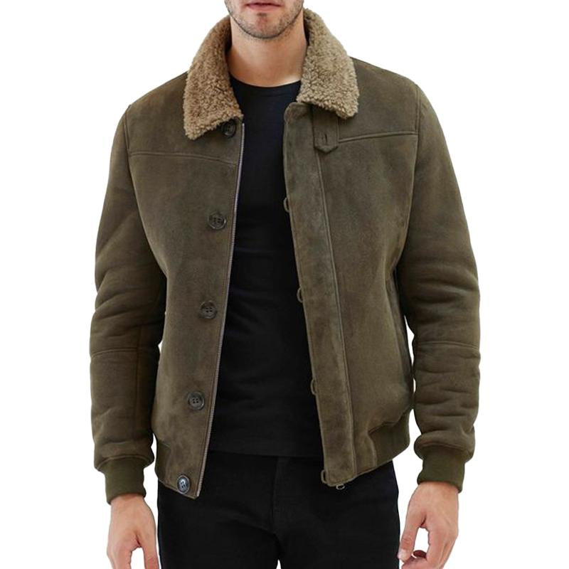 Men's Vintage Solid Color Suede Patchwork Teddy Plush Lapel Jacket