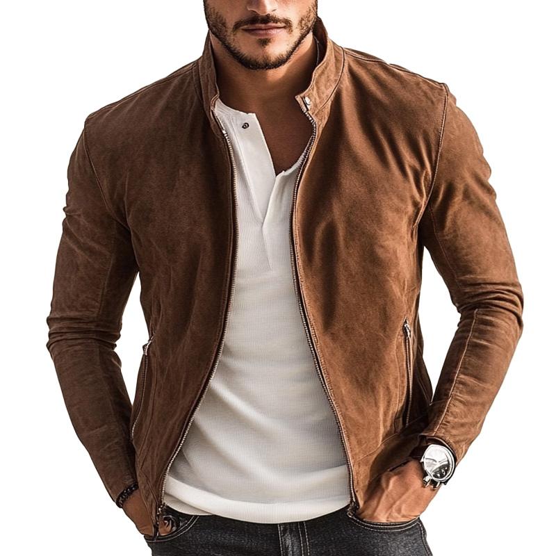 Men's Vintage Stand Collar Suede Zip-Up Jacket