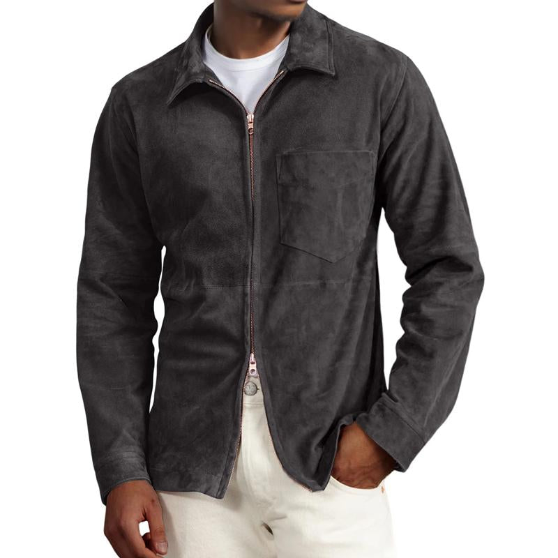 Men's Solid Suede Lapel Chest Pocket Jacket