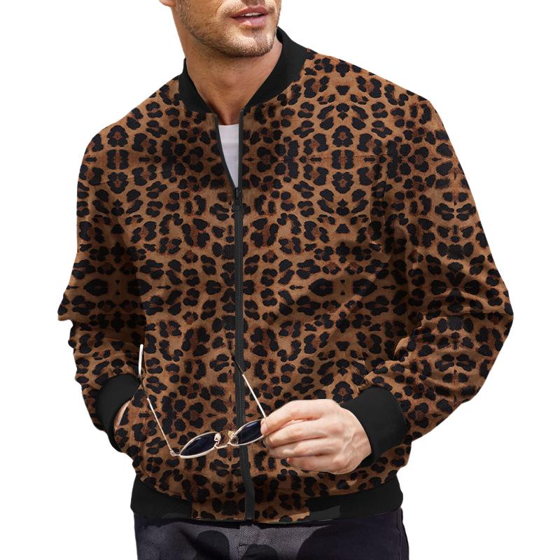 Men's Leopard Stand Collar Long Sleeve Zipper Jacket