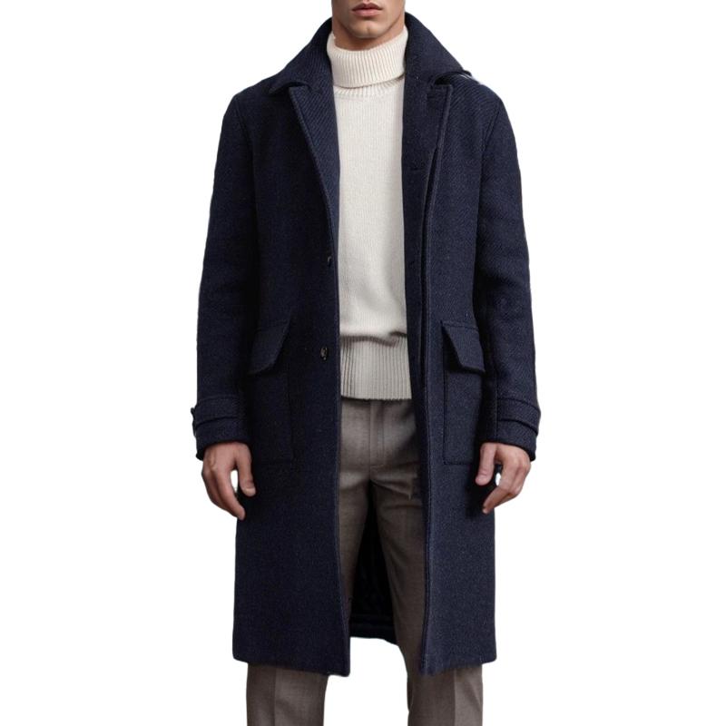 Men's Fashion Woolen Lapel Single Breasted Long Coat