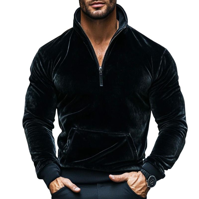 Men's Retro Casual Solid Color Gold Velvet Zipper Sweatshirt