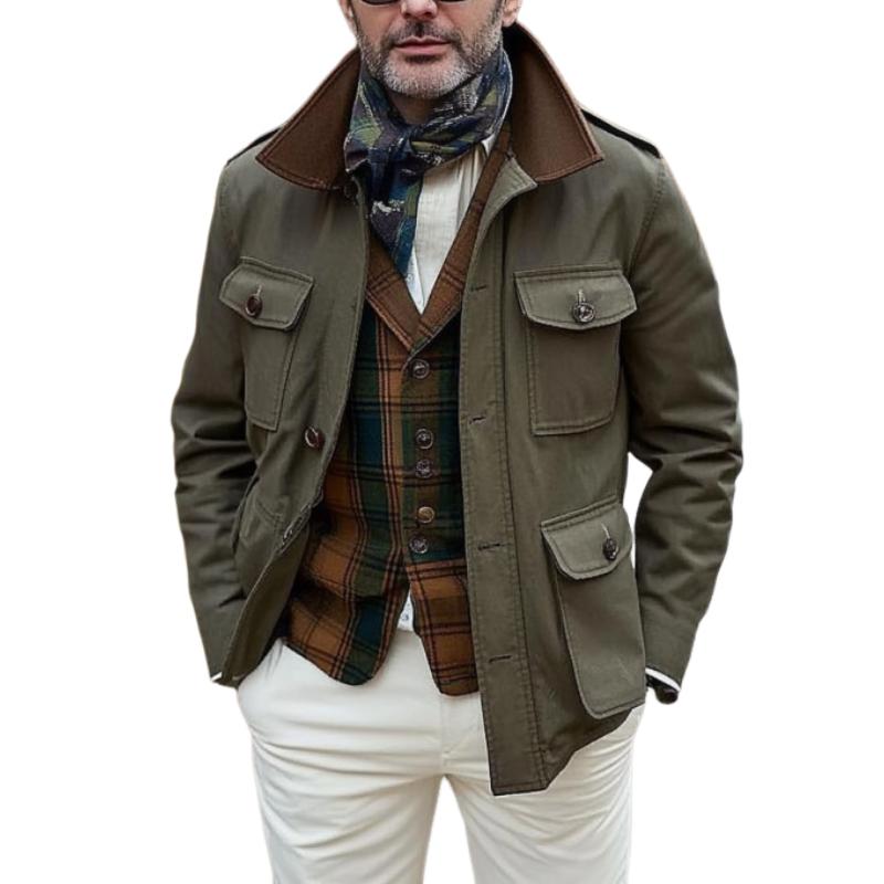 Men's  Classic Loose Casual Gentleman Multi-Pocket Stand Collar Jacket