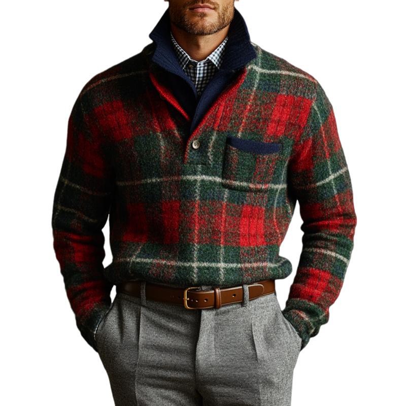 Men's Vintage Christmas Plaid Knit Double Collar Sweater