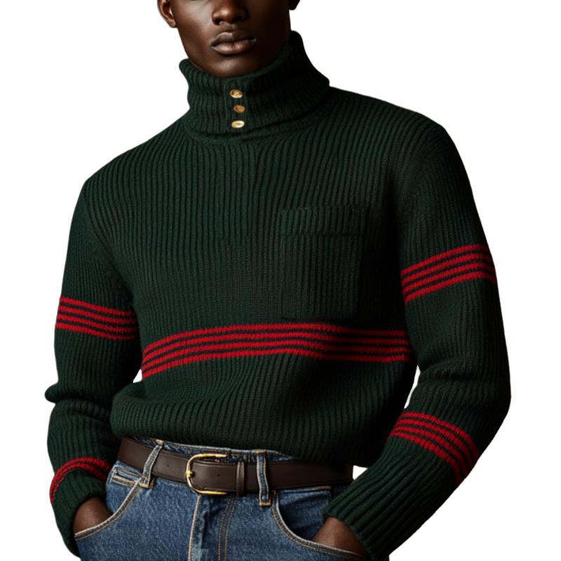 Men's Vintage Christmas Striped Knitted Button-Down Turtleneck Chest Pocket Sweater