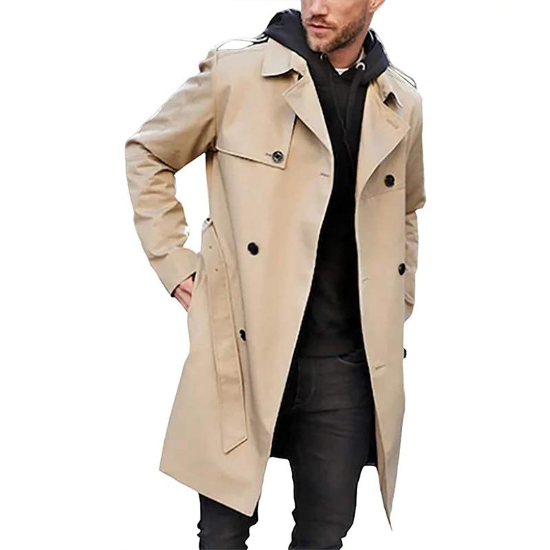 Men's Solid Slim Lapel Double Breasted Trench Coat