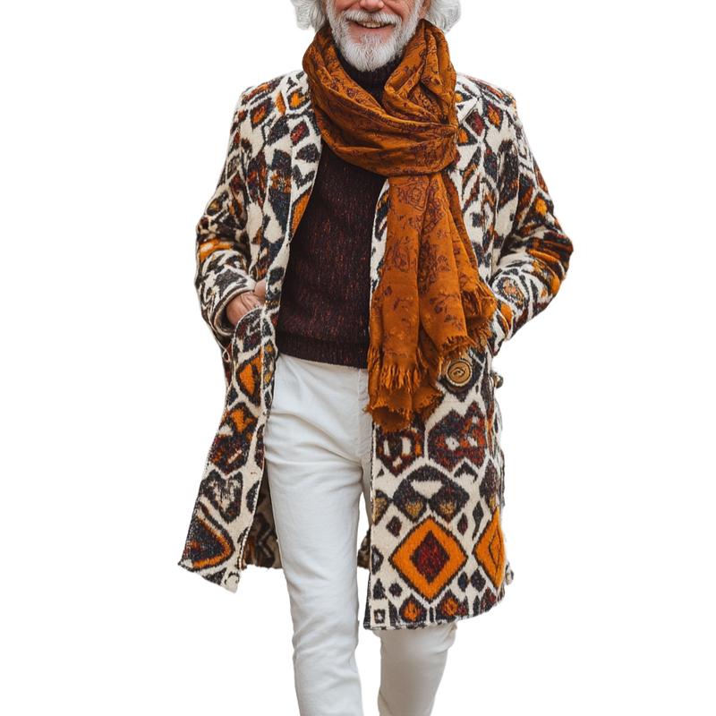 Men's Retro Colorful Ethnic Pattern Printed Woolen Mid-Length Coat