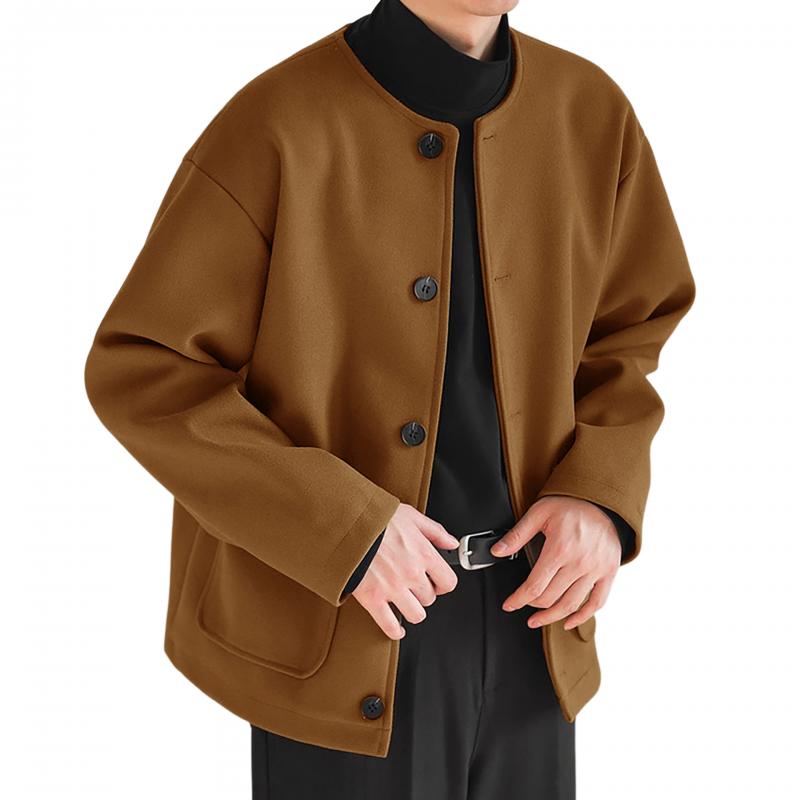 Men's Casual Wool Blended Round Neck Single Breasted Loose Jacket