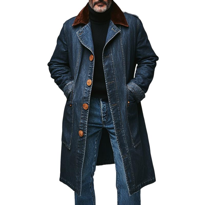 Men's Retro Casual Washed Denim Colorblock Mid-Length Coat