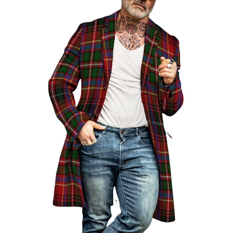 Men's Retro Casual Christmas Check Print Lapel Coat