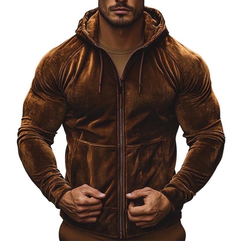 Men's Retro Casual Gold Velvet Hooded Sweatshirt Zipper Jacket