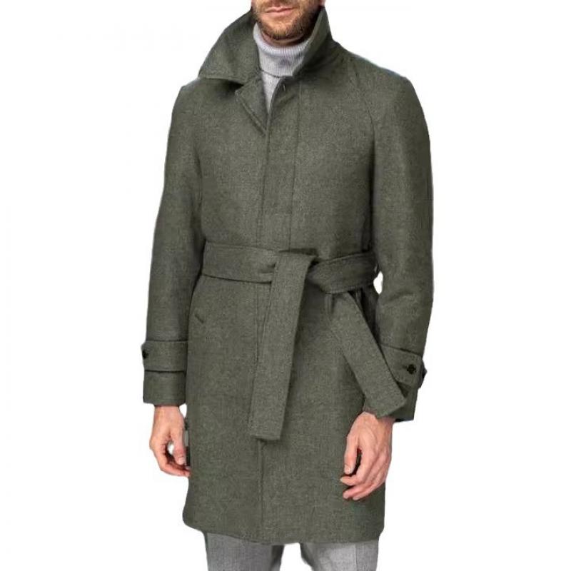 Men's Woolen Lapel Belt Single Breasted Mid-length Coat