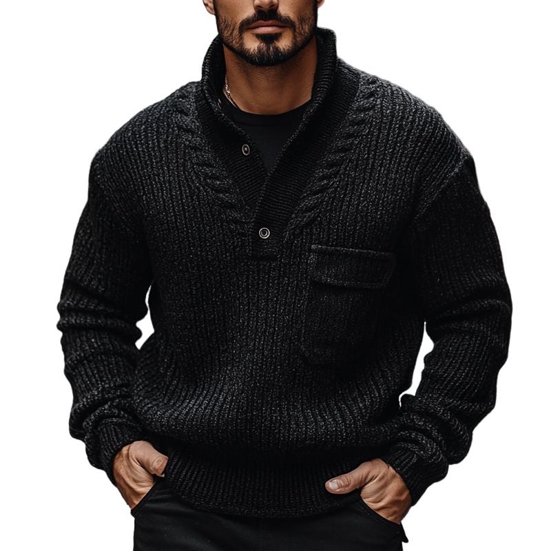 Men's Fashion Stand Collar Chest Pocket Long Sleeve Knit Sweater