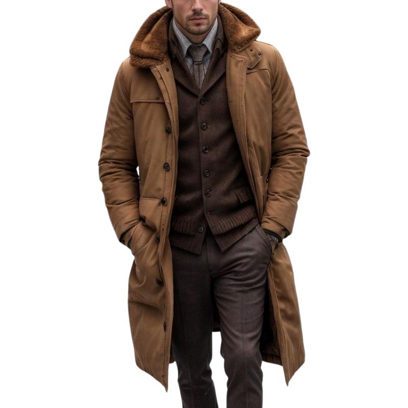 Men's Solid Color Plush Lapel Single Breasted Long Padded Coat